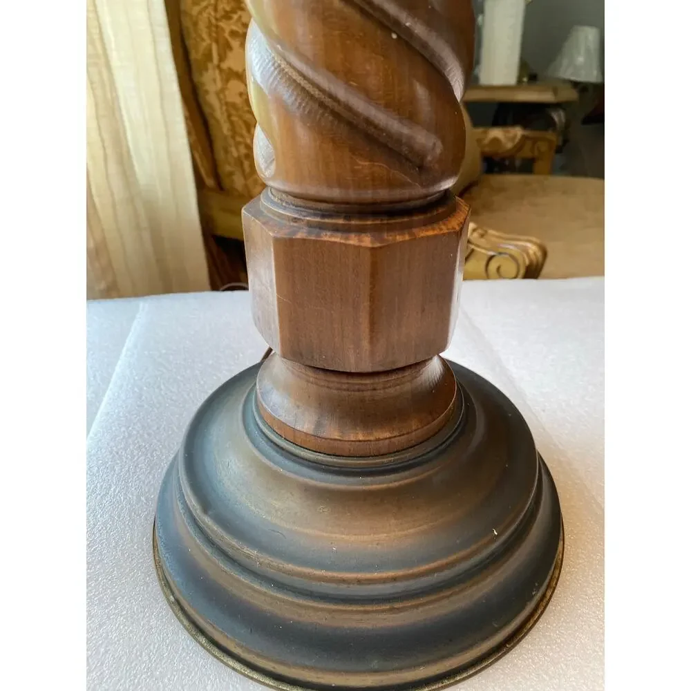 vintage turned-wood table lamp wooden column, paired with shade vintage satin